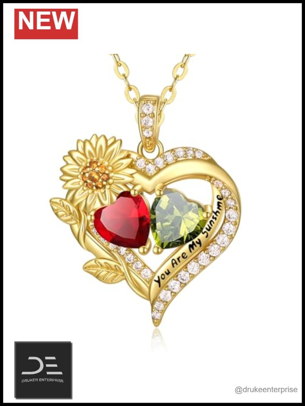 Sunflower Heart Pendant Necklace 18-20" Gold Plated Double Birthstone Gift
